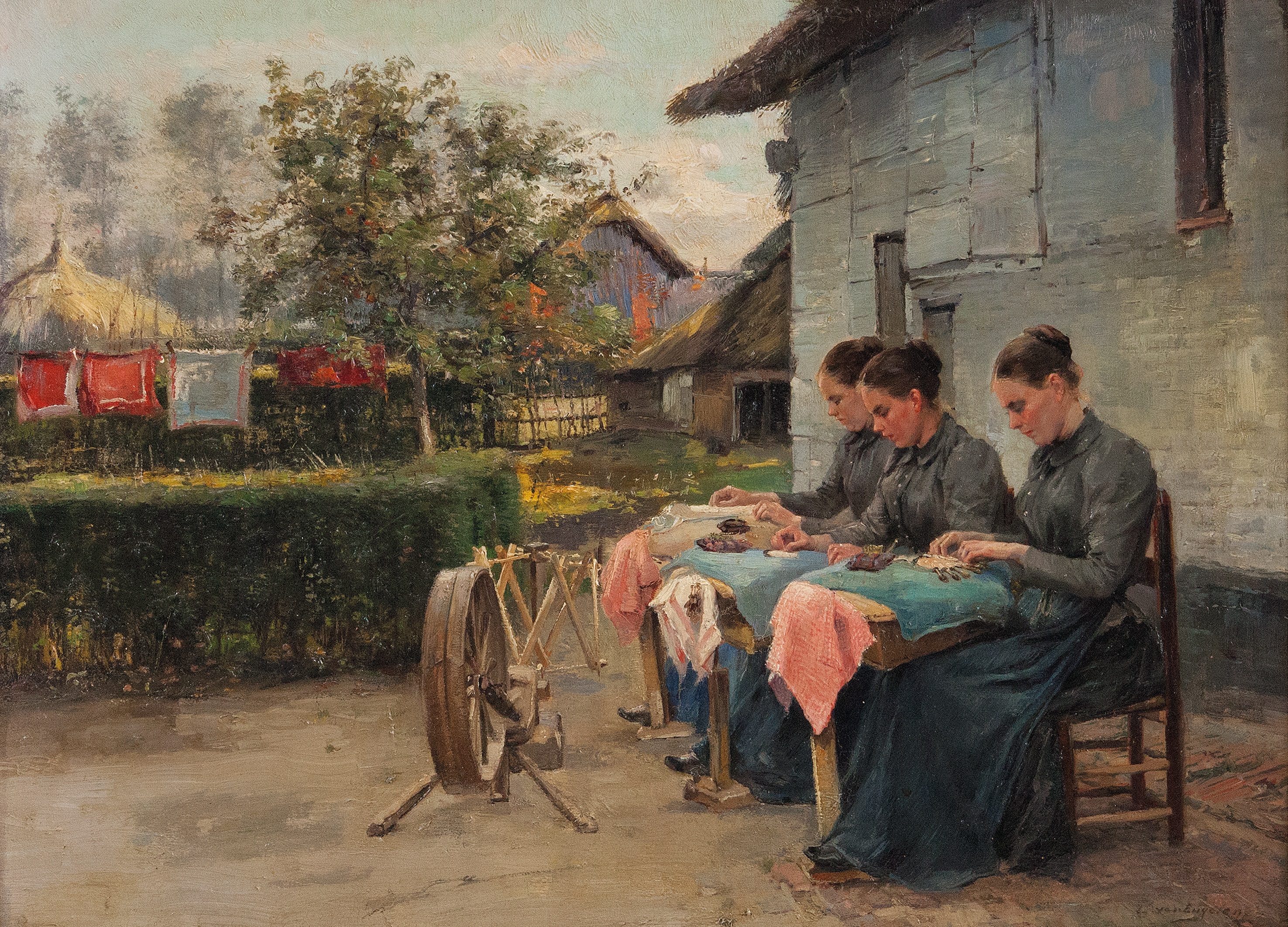 Kantwerksters aan het werk voor een hoeve – ca. 1900 – Louis Van Engelen